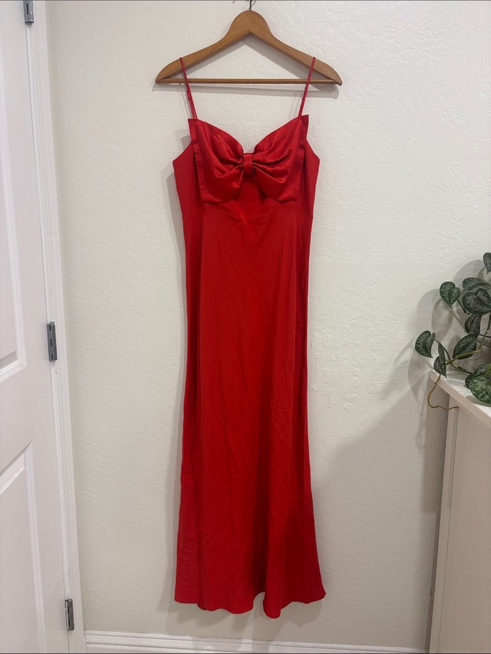 RIXO Leanna Red Satin Bow-Front Slip Dress